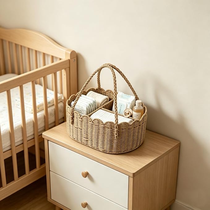 Diaper Caddy Organizer, Paper Rope Storage Baskets Nursery Bin with Removable Divider, Portable Car Organizer for Diapers, Baby Shower Gifts, Newborn Essentials Must Haves (Beige) - Image 6