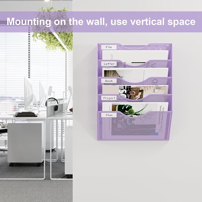 EasyPAG Wall File Organizer 5 Tier Hanging Paper Folder Holder, Zero Assembly Metal Mesh Wall Mounted Mail Organizer for Office Home Classroom Narrow Spaces, Puple - Image 4