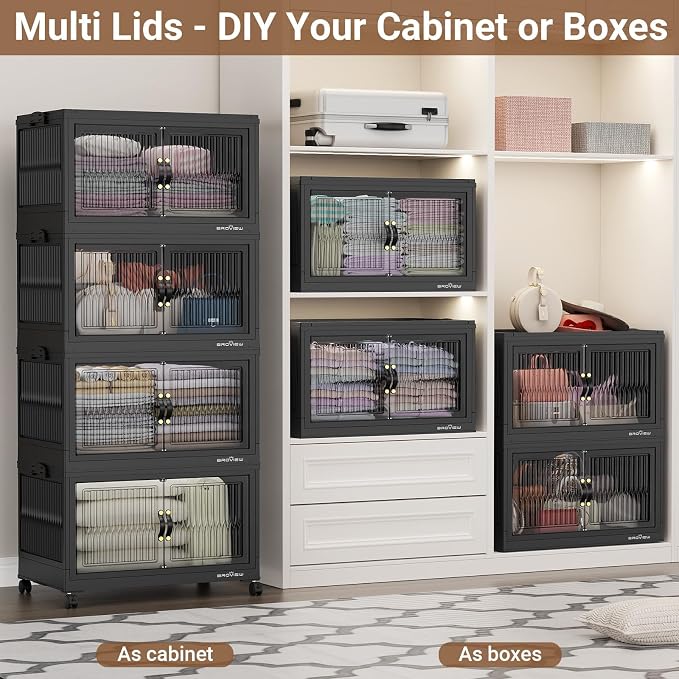 BROVIEW 480Qt Stackable Storage Bins with 4 Lids, Extra Large Closet Organizer Collapsible Drawer Boxes with Wheels, Folding Plastic Cabinet Containers for Home Kitchen Room Organization, 4Pack Black - Image 8