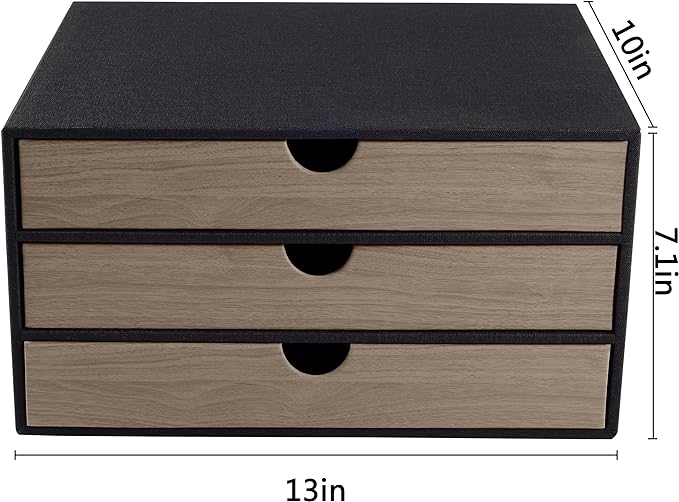 Fashion Multicolor Collocation Leather Desk Organizer File Cabinet Executive Office Supplies Desktop Filing A4 Contract Document Stackable Storage Box with 3 Drawers (Black) - Image 3