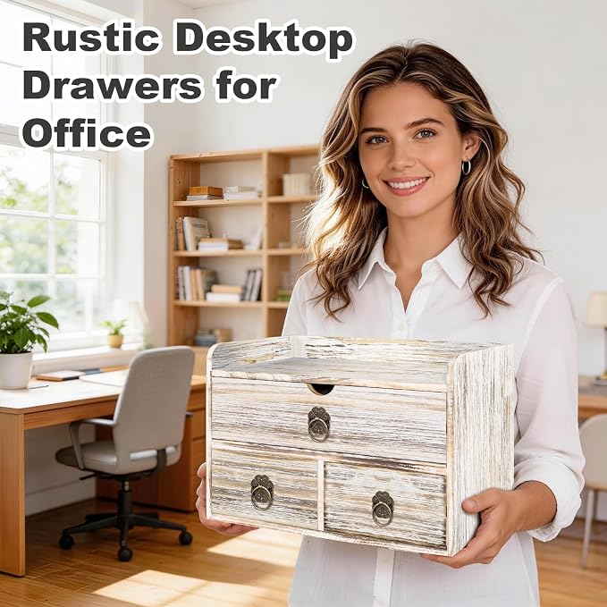 Wood Desk Organizer with Drawer, Vintage Brown Wooden Desktop Organizer, Tabletop Storage Organization Box for Countertop, Home Office Supplies, 13.5x6.6x8.2 Inch(3 Drawer and Shelf) - Image 4