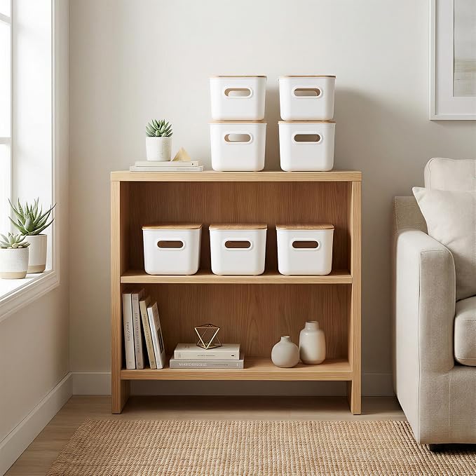Citylife Storage Bins with Bamboo Lids 7QT Plastic Storage Containers Stackable Organizer Boxes with Handle for Desk Snacks, Toys, 2 PCS, 10" L x 7" W x 5.8" H - Image 2