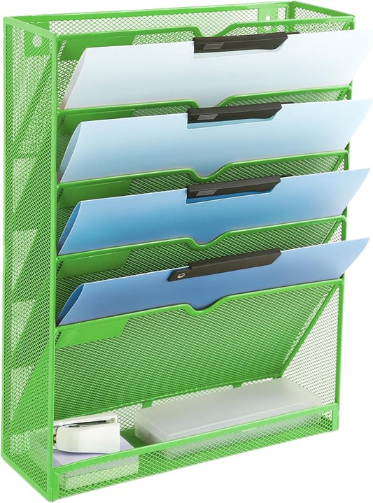 6 Tier Mesh Hanging Wall File Organizer, Desk Vertical Mail Paper Document Folder Holder Rack with Bottom Tray and Nametag Label for Office Home School, Green by EASEPRES