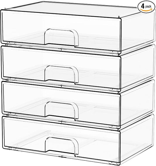 12.1''W Clear Stackable Storage Drawers,4Pcs Acrylic Drawer Organizer for Hair Accessories,Makeup Organizers,Plastic Office Supply Organizer for Pen,Pencil,Medicine,Accessory,Craft Organization by Yieach