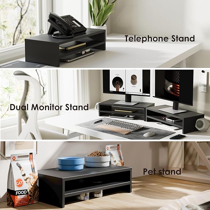FITUEYES Wooden Monitor Stand Riser, 2-Tier Desk Storage Shelf, Black | 21.3-Inch Desktop Organizer Fits Laptop, Computer Screen and Office Supplies - Image 4