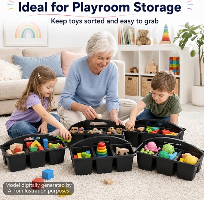 6 Pack Assorted Colors 6 Compartment Classroom Caddy with Handle Portable Plastic Storage Classroom Caddies Organizer for Classrooms Supply Teacher Office Table Desk(Black) - Image 6
