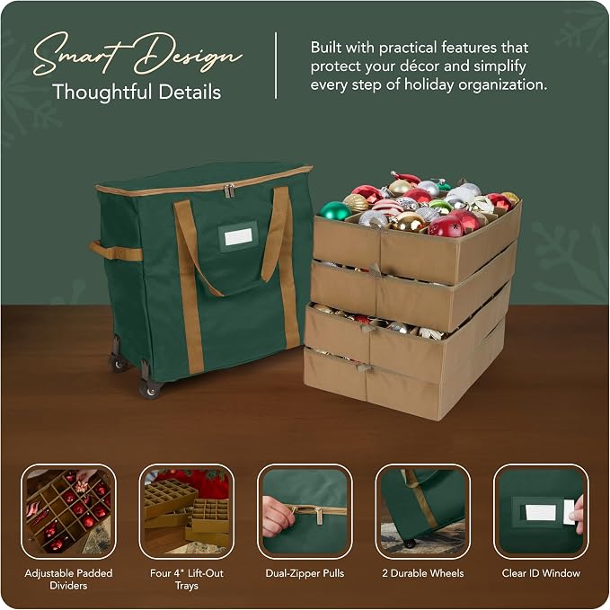 Covermates Keepsakes Rolling Adjustable Ornament Storage Bag – Heavy-Duty Polyester, FlexGrid Trays & Padded Dividers – Protective Holiday Organizer with Wheels, Handles & ID Window, Green - Image 4