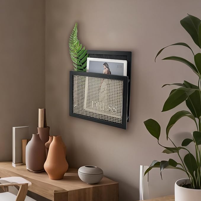 Wooden Wall Magazine Holder, Boho Style File Organizer,Wall Mounted Magazine Rack, File Holder For Entryway Living Room Kids’ room and Office, Hanging Mail Organizer (Black) - Image 3