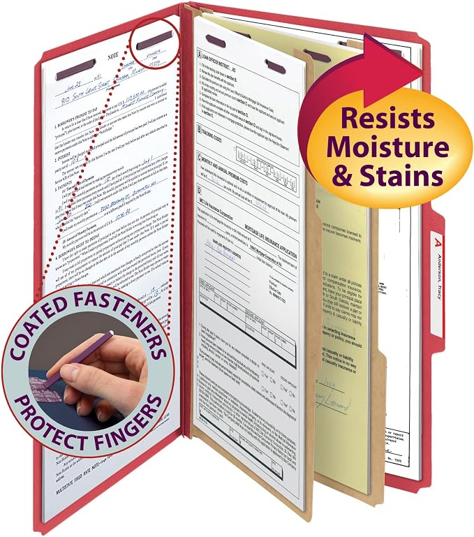 Smead PressGuard Classification File Folder with SafeSHIELD Fasteners, 2 Dividers, 2" Expansion, Legal Size, Bright Red, 10 per Box (19202) - Image 4