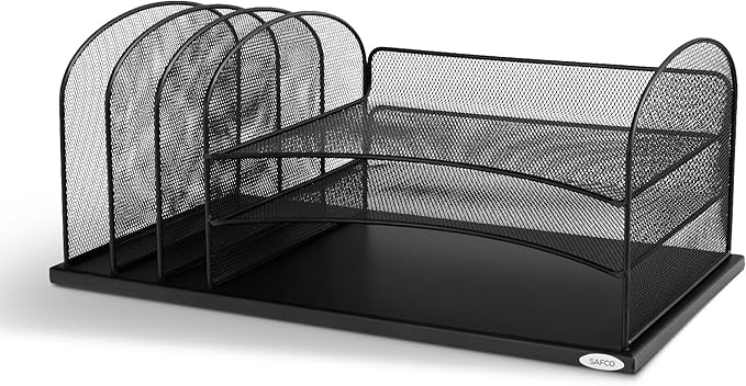 Safco Onyx Desk Organizer, 3 Vertical Compartments and 3 Trays, Office and Classroom Mailbox , Paper and Mail Sorter, Steel Mesh, Black by SafcoProducts