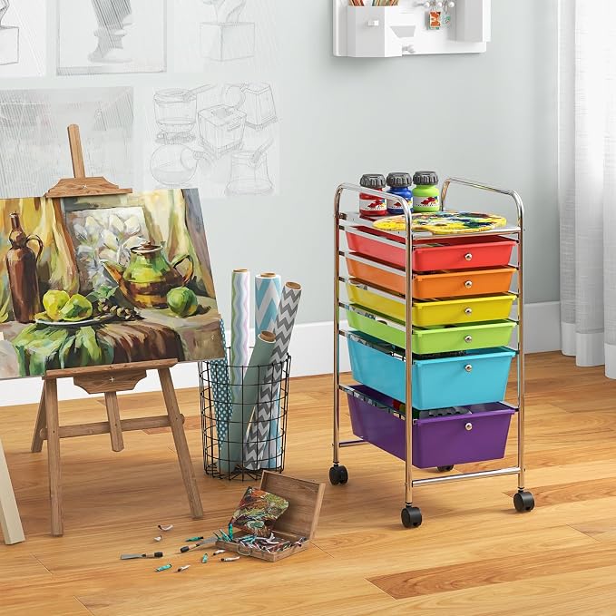 COSTWAY 6-Drawer Rolling Storage Cart, Art Craft Tools Organizer on Wheels | Multifunctional Heavy Duty Utility Mobile Storage Trolley w/ 2 Lockable Wheels for Home Office School (Multi-color) - Image 7