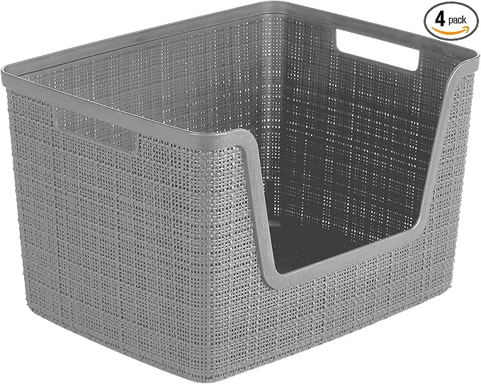 Curver Set of 4 Large 18L Easy Access Jute Decorative Plastic Organization and Storage Baskets - Perfect Bins for Home Office, Closet Shelves, Kitchen Pantry and All Bedroom Essentials, Grey by Unknown
