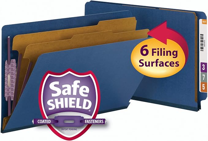 Smead 100% Recycled End Tab Pressboard Classification File Folder with SafeSHIELD Fasteners, 2 Dividers, 2" Expansion, Legal Size, Dark Blue, 10 per Box (29784) - Image 2