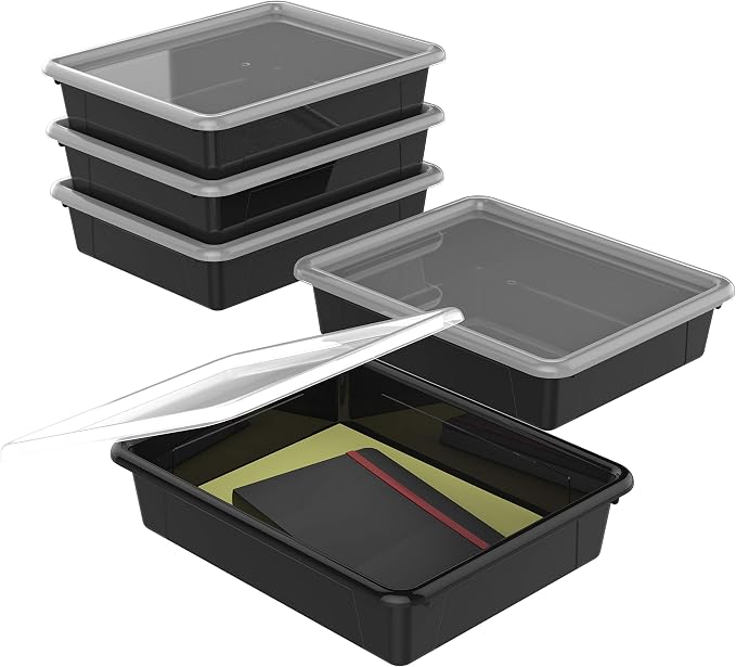 Storex Letter Size Flat Storage Tray – Organizer Bin with Non-Snap Lid for Classroom, Office and Home, Black, 5-Pack (62535U05C) by Storex