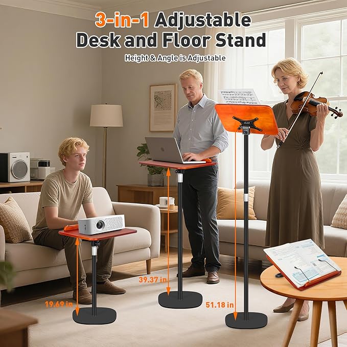 2-in-1 Floor Standing Book Stand, Foldable Book Holder for Reading with Page Clips, 19"–51" Height Adjustable, Sturdy Podium Stand for Reading, Bible, Laptop, Cookbooks, or Projector，Black - Image 3