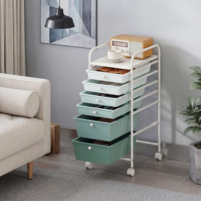 COSTWAY 6-Drawer Rolling Storage Cart, Art Craft Tools Organizer on Wheels | Multifunctional Heavy Duty Utility Mobile Storage Trolley w/ 2 Lockable Wheels for Home Office School (Green Gradient) - Image 8