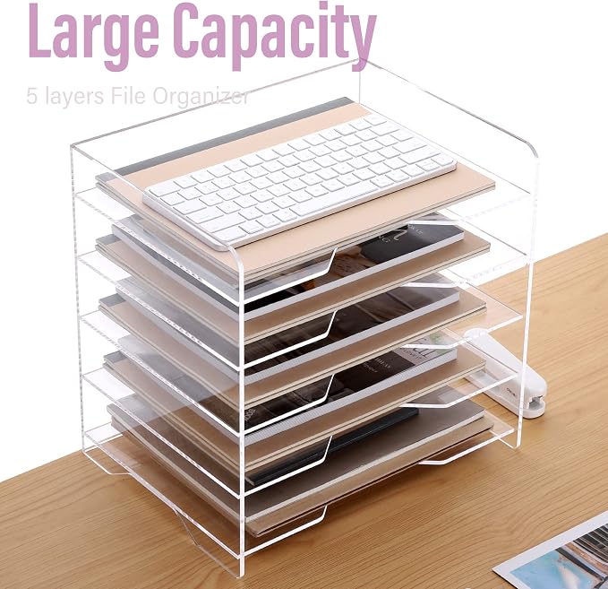 SANRUI Acrylic Paper Organizer Letter Tray for Desk, 5 Tier Enlarged File Sorter,Clear File Holder Desktop Shelf Document Storage for School Office Home - Image 8