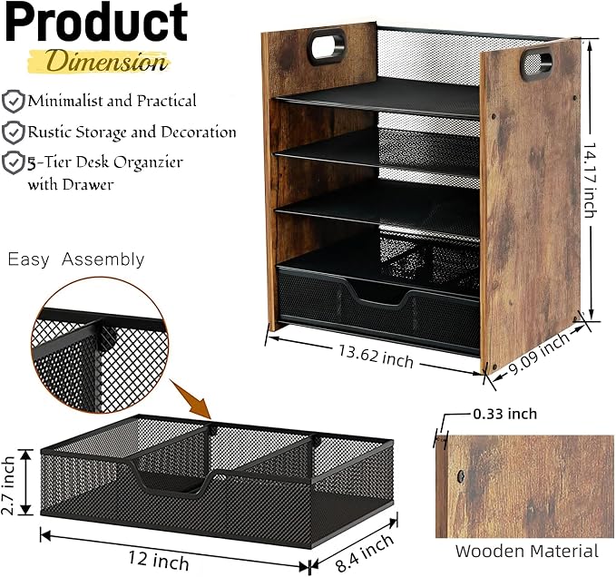 Desk Organizer, 5-Tier Desktop File Organizer with Drawer, Wooden Paper Tray Organizer, Office Desk Organzier and Accessories for Papers, Mail, Notebooks, Stationery - Image 2