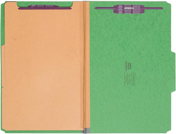 Smead Pressboard Legal Size File Folders with SafeSHIELD Fasteners, 2 Dividers, 2" Expansion, Office Folders, Paper Holder, Green, 10 per Box (19033) - Image 9