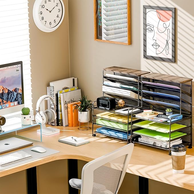 Simple Trending 7 Tier Desk File Organizer, 2 Pack Letter Tray Paper Organizer, Mesh Desk Accessories File Folder for Office, Home or School, Black - Image 2