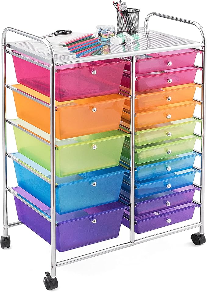 DORTALA 15-Drawer Rolling Storage Cart with Drawers, Rolling Utility Cart w/Removable Drawers & Universal Wheels, Tools Scrapbook Paper Organizer for School, Office, Home, Classroom (Rainbow) by DORTALA