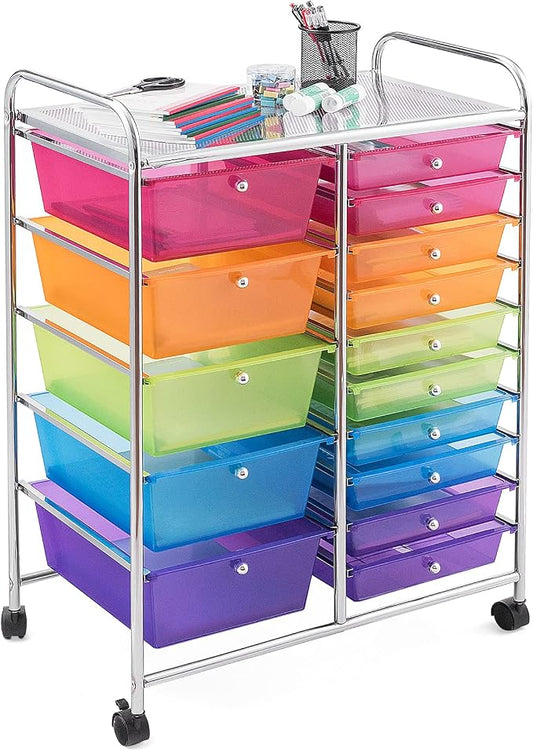 DORTALA 15-Drawer Rolling Storage Cart with Drawers, Rolling Utility Cart w/Removable Drawers & Universal Wheels, Tools Scrapbook Paper Organizer for School, Office, Home, Classroom (Rainbow) by DORTALA