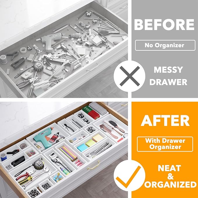 SpaceAid 21-Piece Bamboo Drawer Organizer Storage Boxes Set, Wood Tray Junk Drawer Organizers Multi-Use Divider Bins for Kitchen, Bathroom, Office Desk and Makeup Organization (21 Pack, White) - Image 2