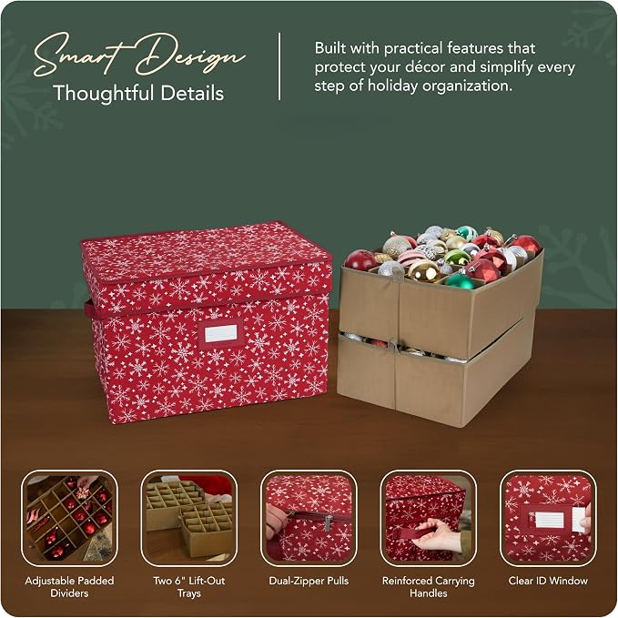 Covermates Keepsakes Adjustable Ornament Storage Box – Heavy-Duty Polyester, Padded Dividers & FlexGrid Trays – Protective Holiday Organizer with Stackable Walls & Label Window, Red Snowflake - Image 4