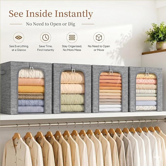 GoMaihe Clothes Storage Bins with Metal Frame for Closet, 40L 6-Pack Grey | Sweaters Hoodies Jeans T-Shirt, Closet Top Shelf Organizer, Steel Frame Collapse-Proof, Stackable, Clear Window, Dual Access - Image 7