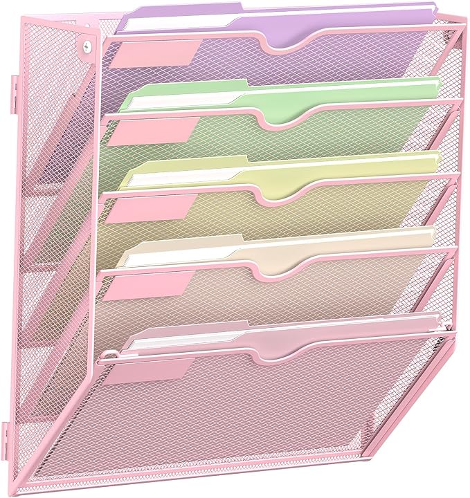 5 Tier Wall File Organizer, Hanging Wall Mounted Mail Organizer with Label Slots, Metal Mesh File Holder Magazine Rack for Office, Home, School, Pink by SUPEASY