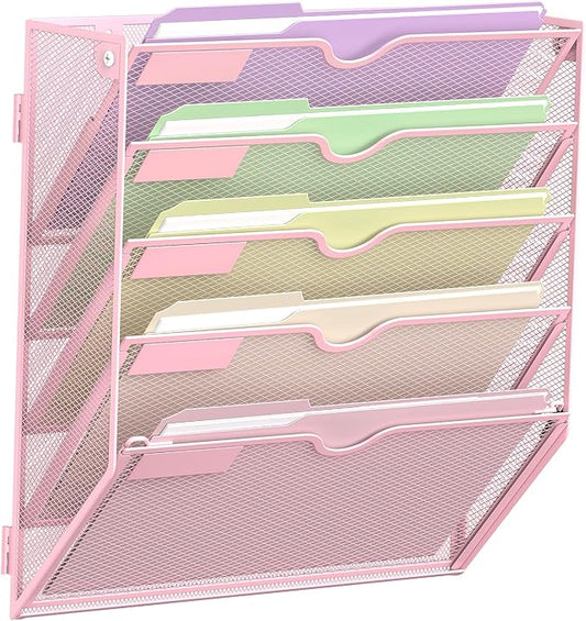 5 Tier Wall File Organizer, Hanging Wall Mounted Mail Organizer with Label Slots, Metal Mesh File Holder Magazine Rack for Office, Home, School, Pink by SUPEASY