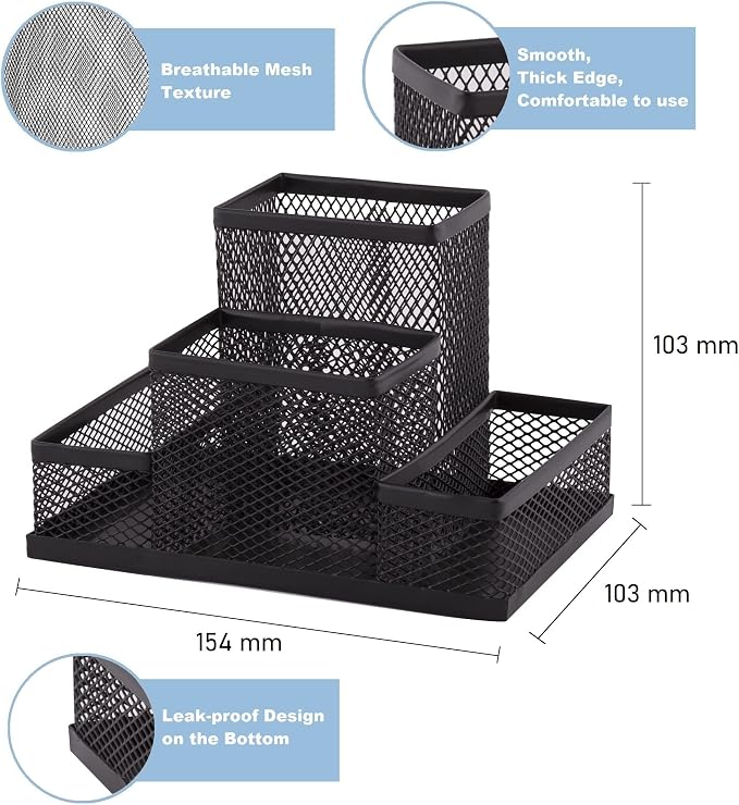 D.RECT KOMO 4-Compartment Metal Mesh Desk Organizer – Multifunctional Pen & Office Supply Holder, Durable & Compact, Black - Image 2