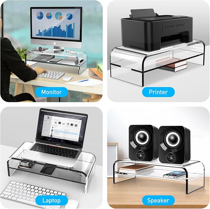 AboveTEK 2-Tier Acrylic Monitor Stand, Computer Riser for Home Office, Clear Monitor Riser for Keyboard Storage, 18.9" x 8.7" Multi Monitor Desk Stand for iMac Multi-Media Laptop Printer TV - Image 6
