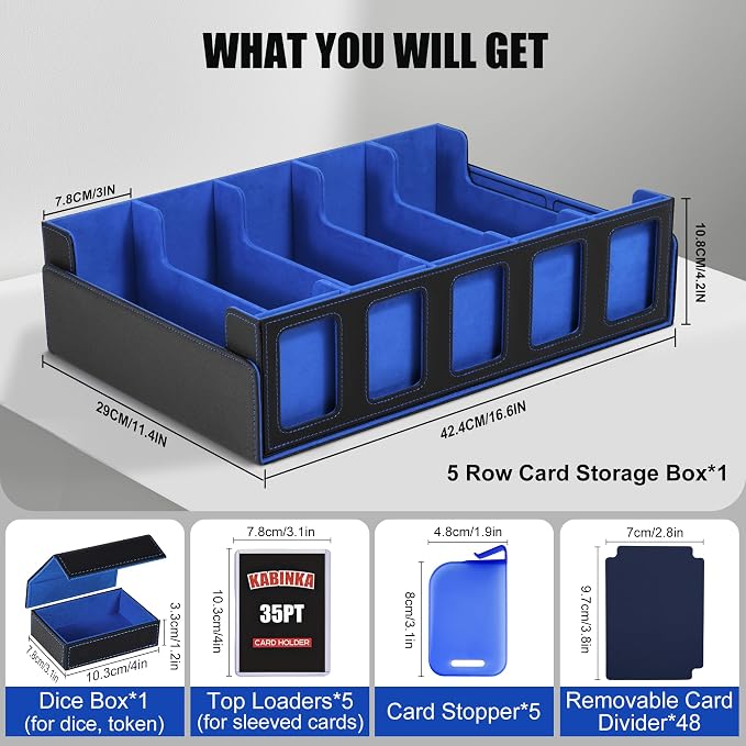 Trading Card Storage Box with Commander Display , 5-Row Deck Case with Removable Lid; 3900+ Card Deck Box for MTG TCG Sports Card, 5 Top Loaders, 5 Stoppers, 48 Dividers,1 Dice Tray (Black Blue) - Image 3