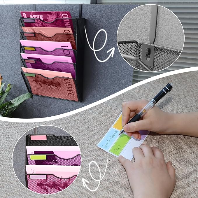 5 Pockets Mesh Wall File Holder Organizer Office Hanging File Folder Magazine Rack, Nametag Label Hooks Set Included (Black) - Image 4