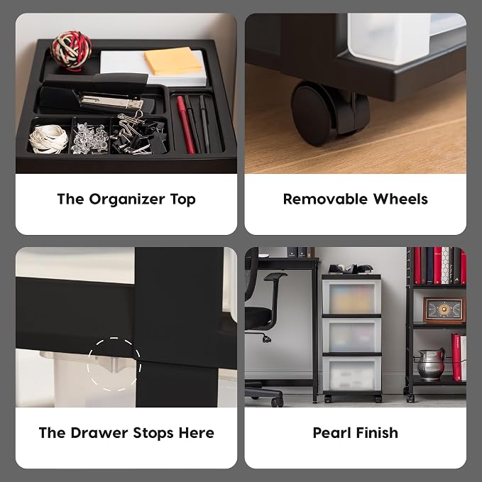IRIS USA 3-Drawer Rolling Storage Cart, Black/Pearl | Keep craft supplies, office essentials, classroom items, and accessories organized with easy-access drawers for daily use - Image 4