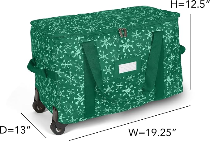 Covermates Keepsakes Rolling Adjustable Ornament Storage Bag – Heavy-Duty Polyester, FlexGrid Trays & Padded Dividers – Protective Holiday Organizer with Wheels, Handles & ID Window, Green Snowflake - Image 3
