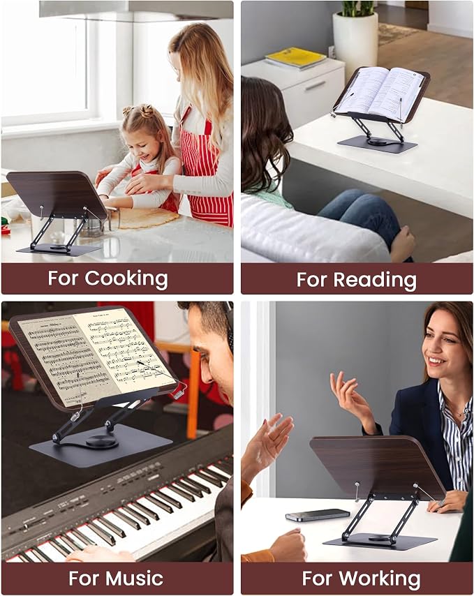 ASIEIT Book Stand for Reading, Adjustable Book Holder with 360° Rotating Bases & Elastic Page Clips, Foldable Bible Stand, Portable Reading Stand for Bible, Recipe, Magazine, Tablets, Laptops, Brown - Image 3