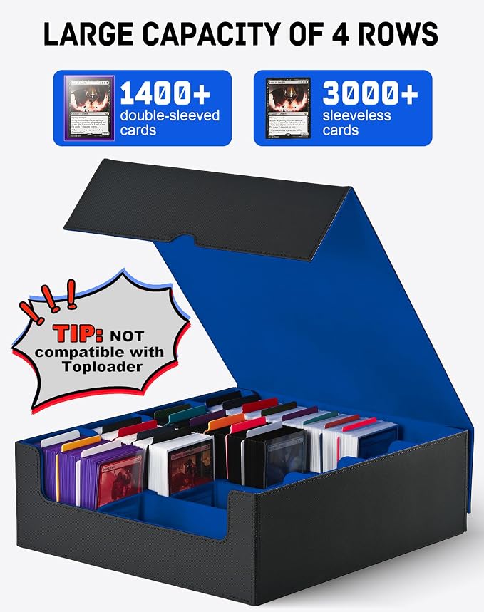 ZLCA Card Storage Box for MTG PTCG, Commander Deck Box Holds 3200+ Cards, Trading Card Storage Case with 4 Stoppers, Card Organizer for TCG Sport Cards(Black&Blue) - Image 2