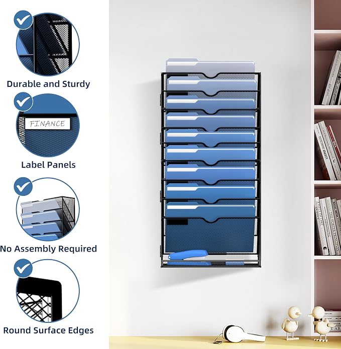 DALTACK Wall File Holder 10 Tier Hanging Wall File Organizer, for Papers Mails Folders Clipboard Magazine Organization for Office Home School Classroom, Mesh Metal, Assembly Needed, Black - Image 2