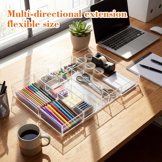 Briwooody Clear Acrylic Drawer Organizer Expandable,10 Compartments,Medium | 9'' up to 18'' x 12'' x 2.1'' Desk Drawer Organizer Trays Adjustable with Desk Accessories for Makeup Office Bathroom - Image 3