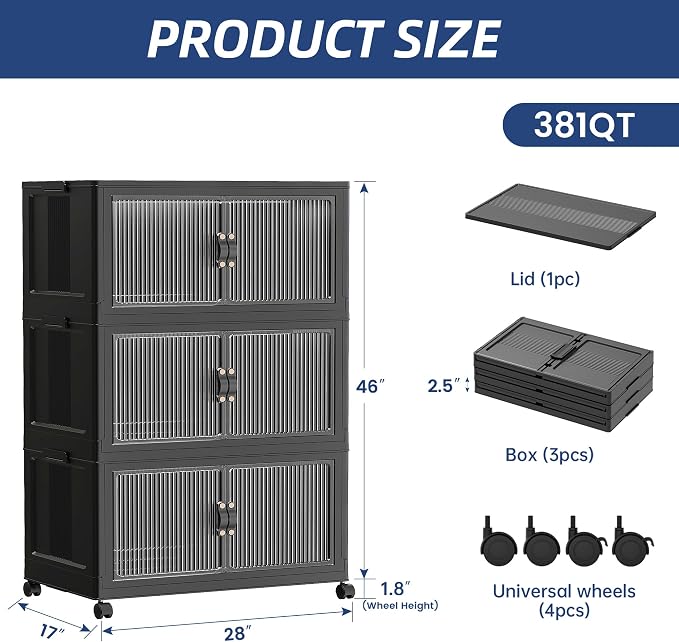 SAILUN 381Qt Stackable Storage Bins,Storage Cabinet with a Lid,3 Pack Black | Stackable storage drawers with lids,28" W x 17" D x 46" H,Featuring open-front access for clothes and closet storage - Image 6
