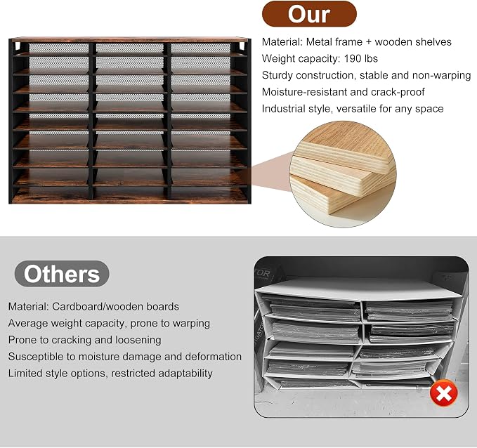 TQVAI 27 Compartments Desktop Literature Organizer, Metal Frame Paper Sorter with Handles, Heavy Duty Mailbox for Classroom and Office, Wood File Organizer for Document, Bill, Magazine, Antique Brown - Image 5