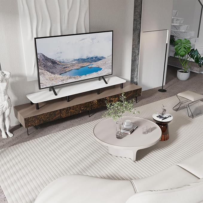 Dual Monitor Stand Riser 43.7 inch Large Extra Long Monitor Stand Riser Wide TV Stand Riser Monitor Stand for 2 Monitors Wood & Steel Leg Desktop Riser Desk Organization Home Office (White) - Image 2