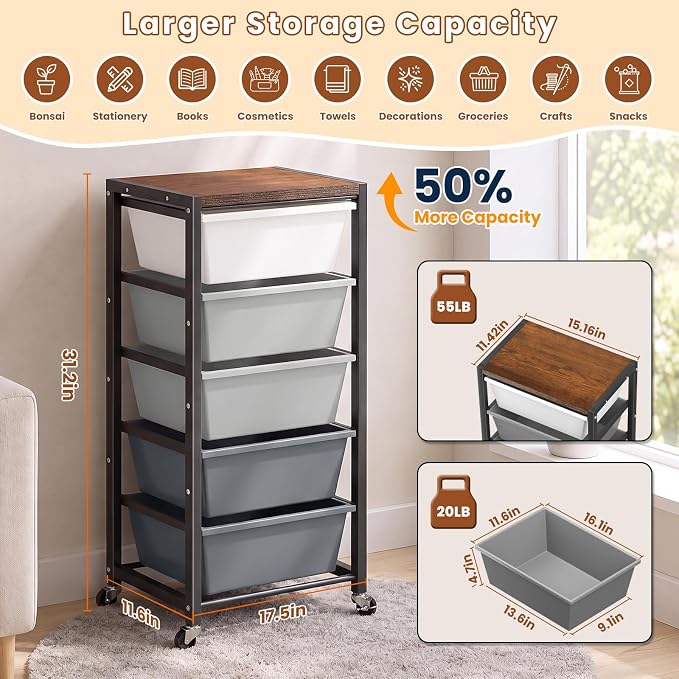 Rolling Cart with 5 Drawers, Plastic Drawer Storage Carts with Wheels & Wooden Tabletop, Metal Utility Cart for Office Bedroom Living Room Classroom, Craft Organization and Storage, Grey - Image 3