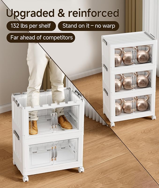 Hanyi 105 QT Stackable Storage Bins with Lids, 3 Tier Collapsible Plastic Storage Cabinet with Magnetic Doors, Removable Top Lid, Locking Wheels, Closet Organizer for Bedroom, Pantry, Office - Image 7