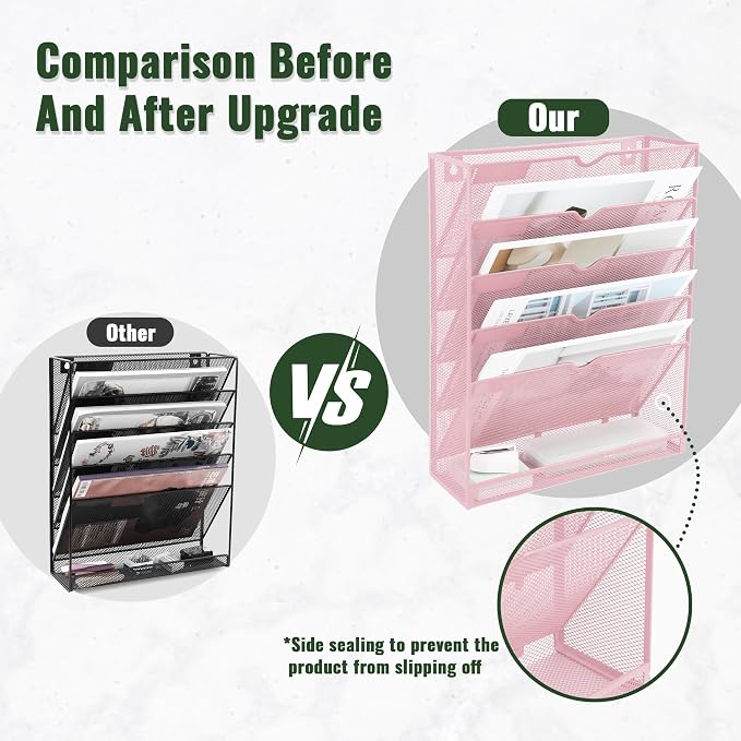 6 Tier Mesh Hanging Wall File Organizer, Desk Vertical Mail Paper Document Folder Holder Rack with Bottom Tray and Nametag Label for Office Home School, Pink - Image 3