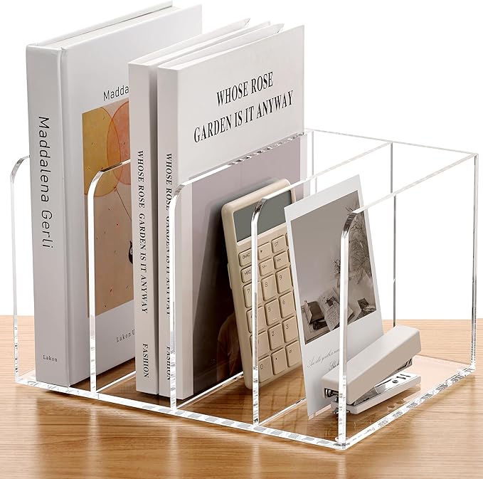 SANRUI Acrylic Magazine Holder Desk Organizer Workspace Sorter Clear 4 Slot | Bookend File Sorter Holder,Folder Rack, Office Accessories Organization Storage with 4 Vertical Compartments by SANRUI