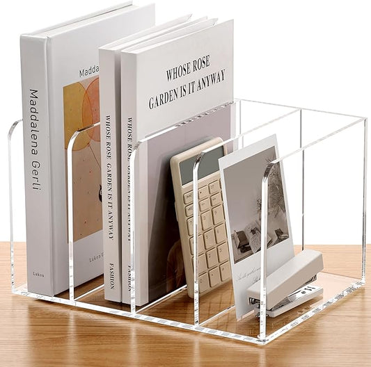 SANRUI Acrylic Magazine Holder Desk Organizer Workspace Sorter Clear 4 Slot | Bookend File Sorter Holder,Folder Rack, Office Accessories Organization Storage with 4 Vertical Compartments by SANRUI
