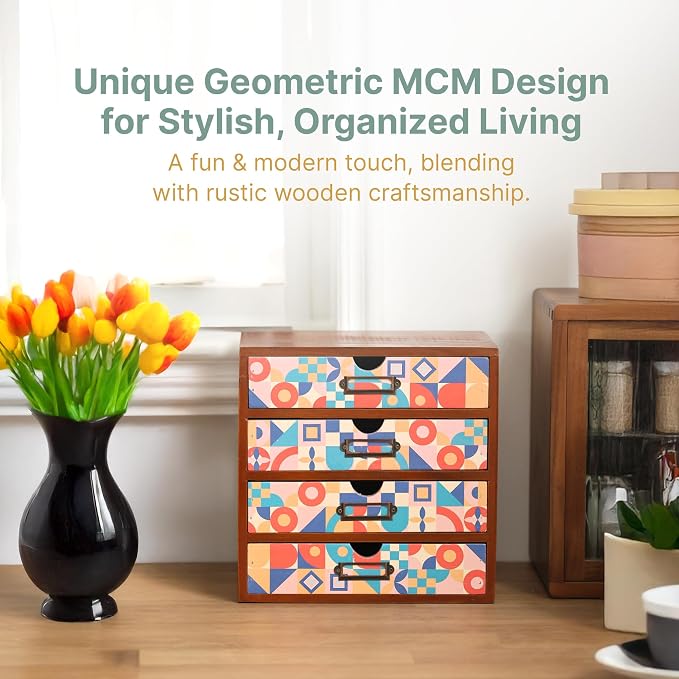Add Color To Your Desk - MCM Geometric Wooden Desk Organizer - Desktop Storage with 4-Drawer - Wood Cabinet for Office Supplies, Craft Tools, & Home, Countertop, Tabletop Organization - Image 5